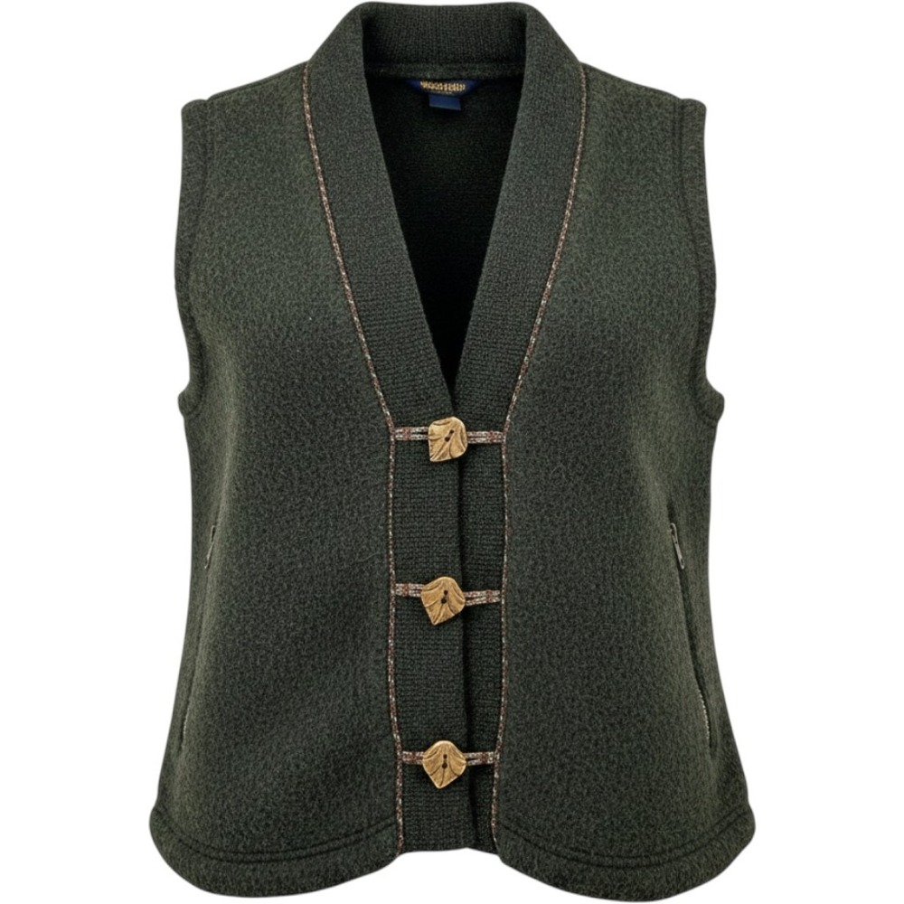 Woolrich Wms L Vest Dark Green Fleece Collar Zip Pockets Toggle Cabincore USA